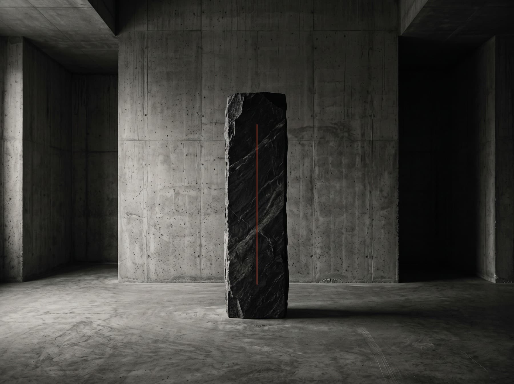 A dark stone monolith standing in an empty concrete room