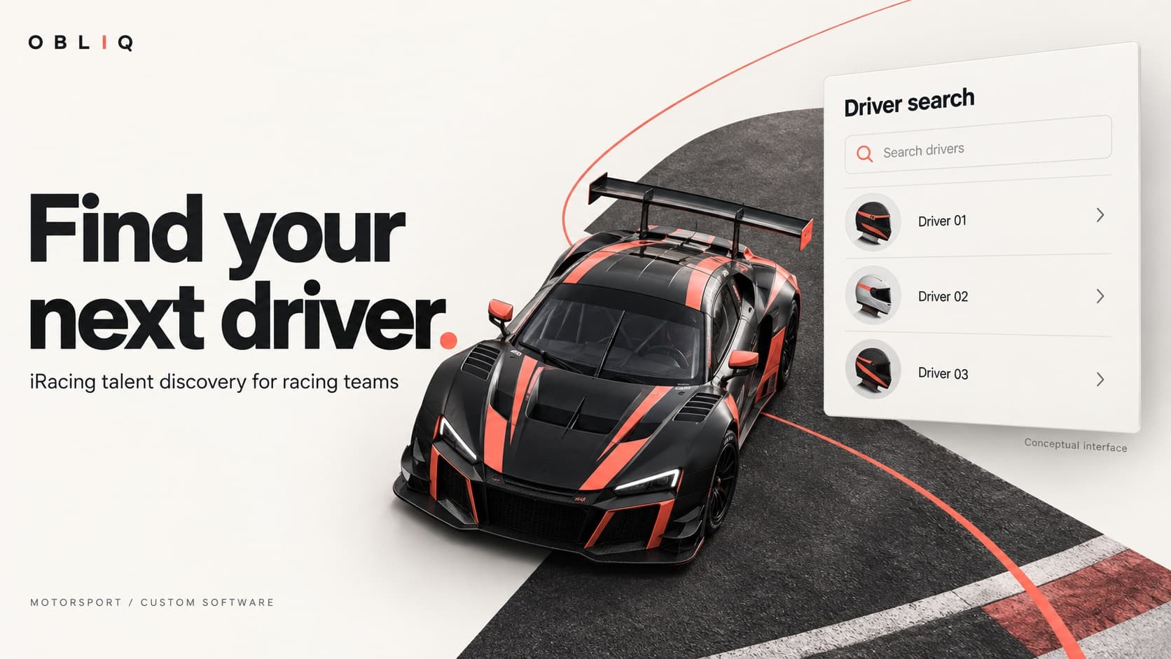 Concept visual of Drivers Scout: a GT race car on track beside a driver search panel listing three anonymised drivers