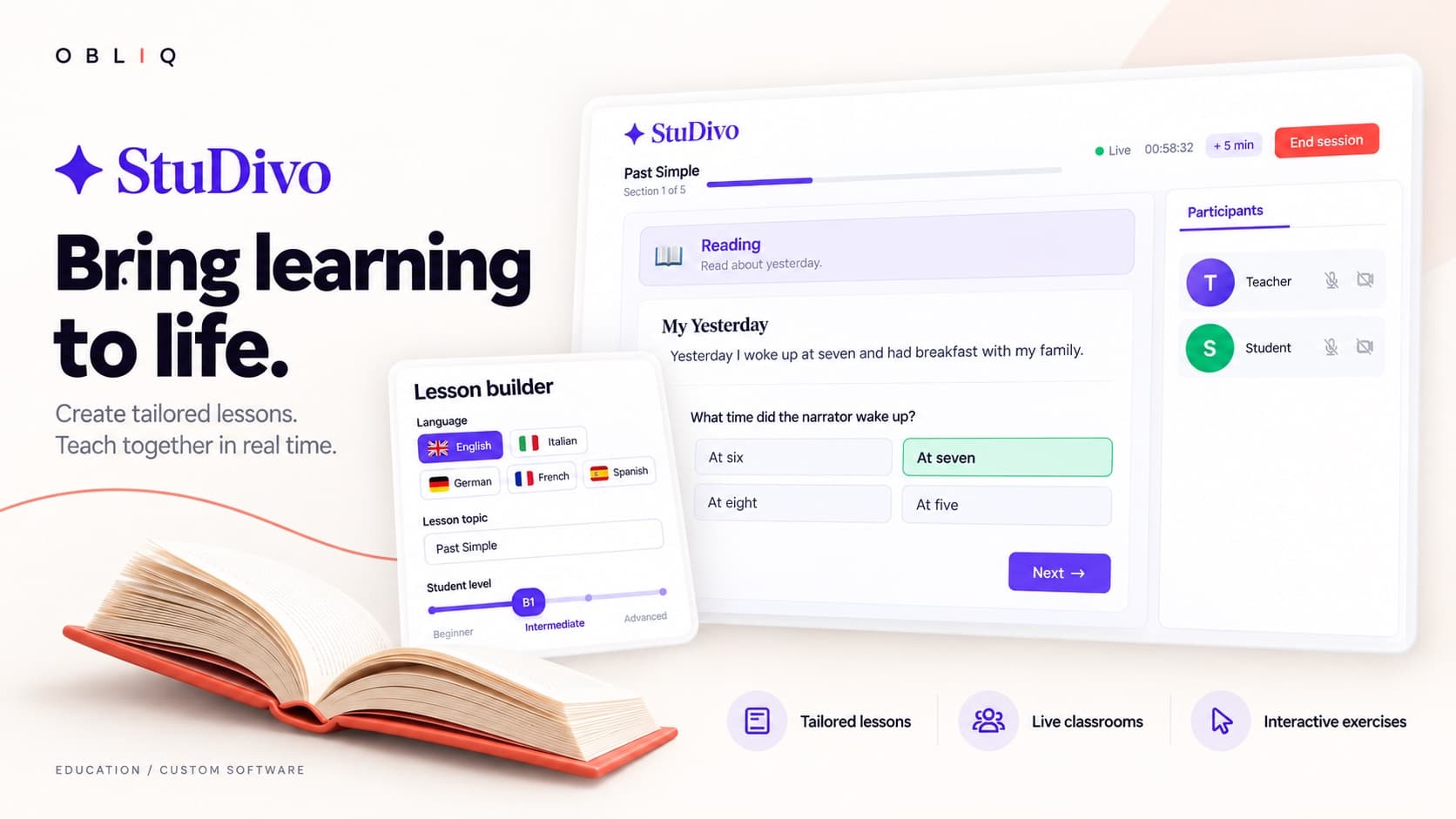 Concept visual of StuDivo: a live lesson with a reading exercise and a participants panel, beside a lesson builder with language, topic, and student level